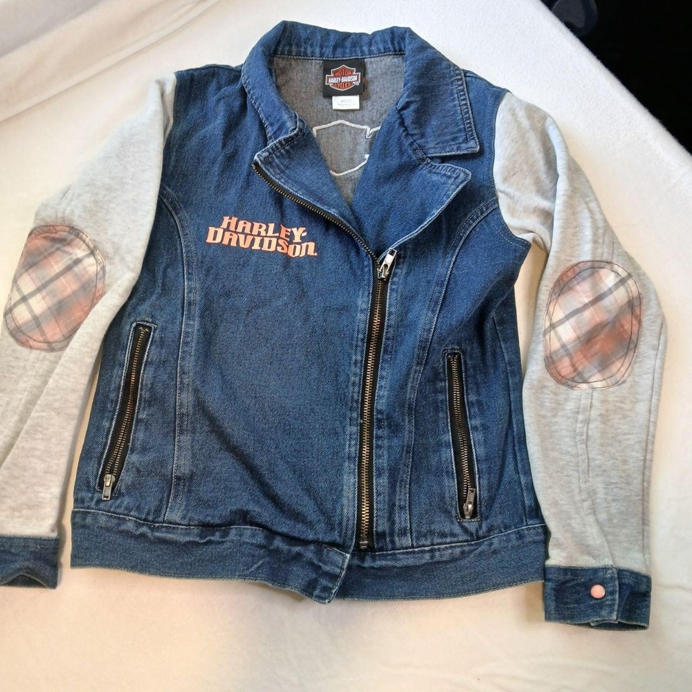 Harley Davidson Girls Denim Jacket Size 10/12 Orange Plaid Mixed Media Gray